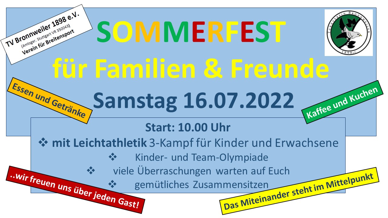 Einladung zum Sommerfest 2022 TVBronnweiler 1898 e.V.